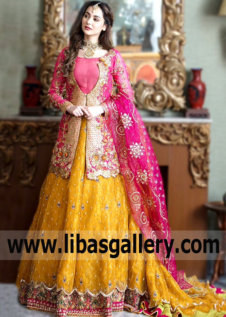 Cerise Saffron Mazus Lehenga Mehndi Dress