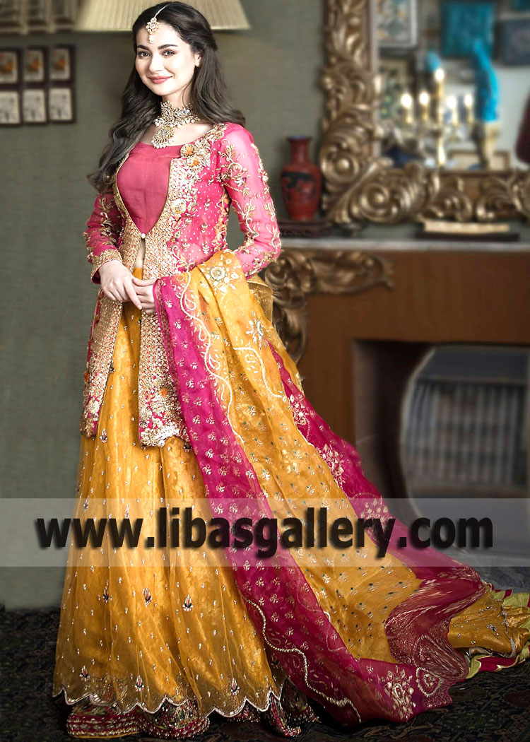 Cerise Saffron Mazus Lehenga Mehndi Dress