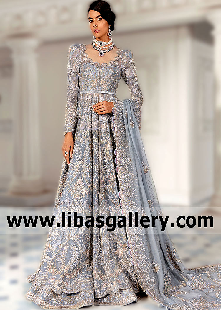  Cadet Grey Torri Long length anarkali Walima Dress