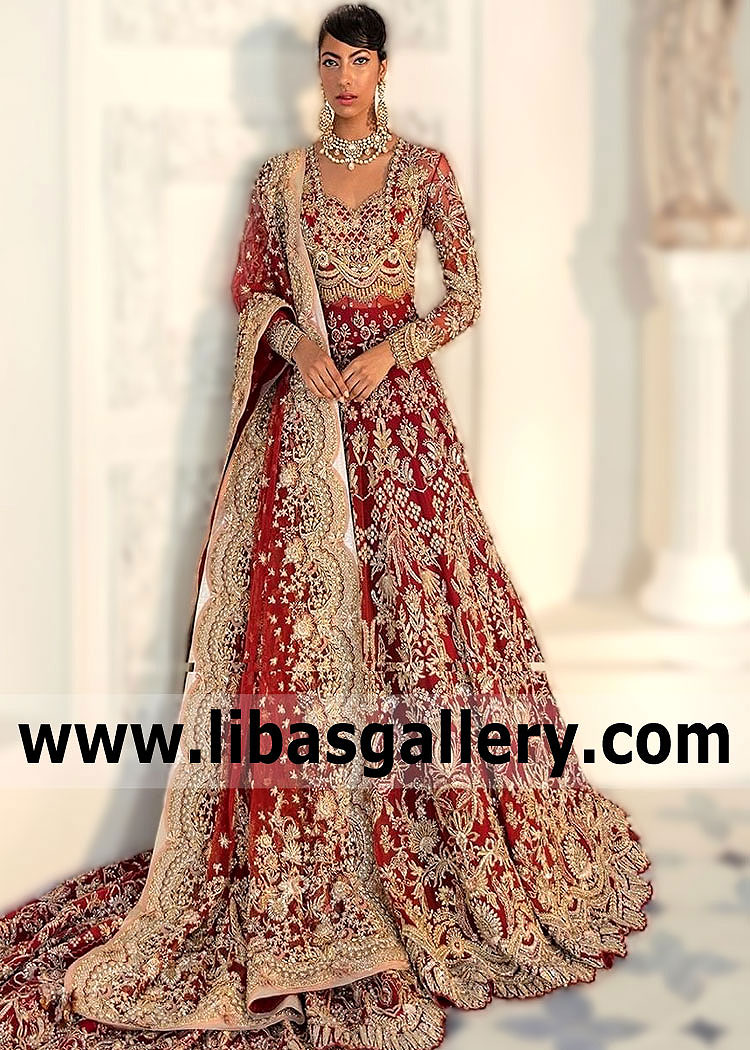 Falu Red Donatella Bridal Anarkali Dress with Cathedral train