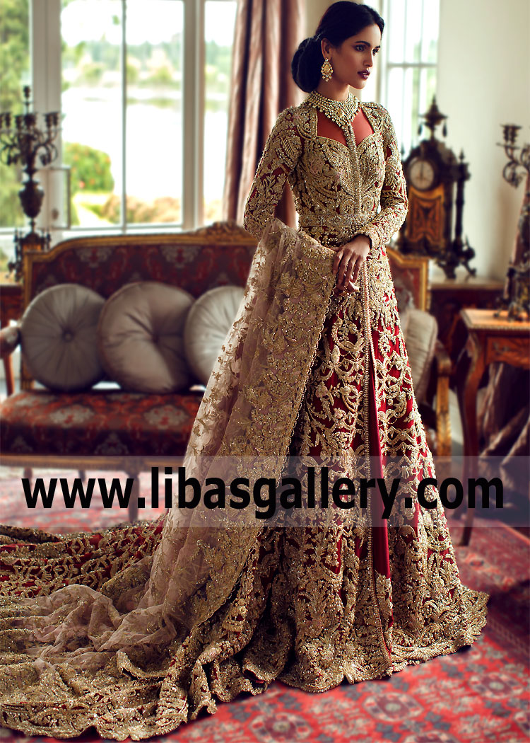 Carmine Peach Luxor Bridal Maxi Lehenga