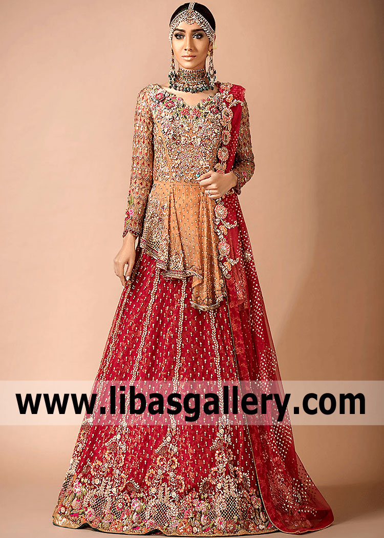 Persian Orange Red Jhansi Bridal Peplum Lehenga