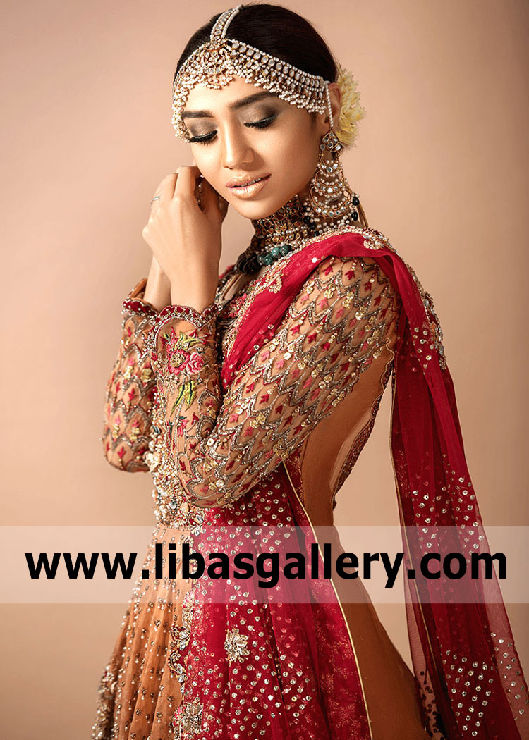 Persian Orange Red Jhansi Bridal Peplum Lehenga
