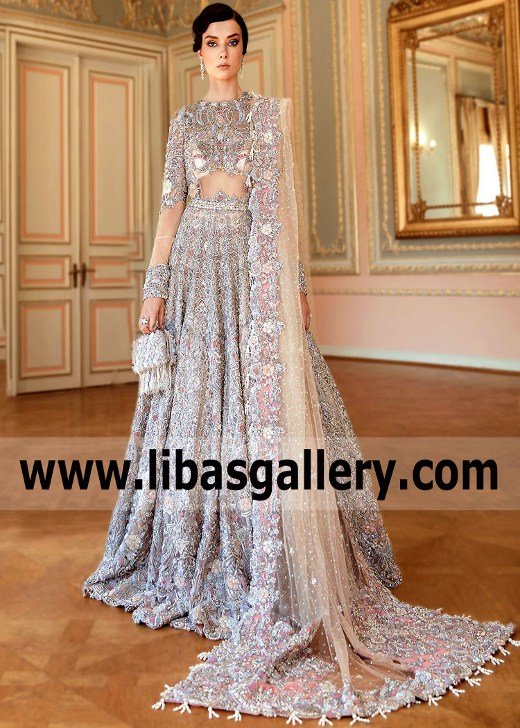 Beige Ice Clematis Wedding Lehenga