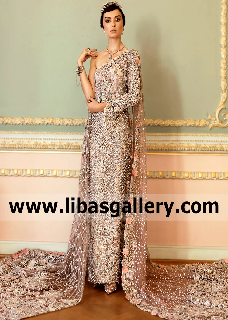 Mocha Monstera One Shoulder Gown Style Fully Embellished