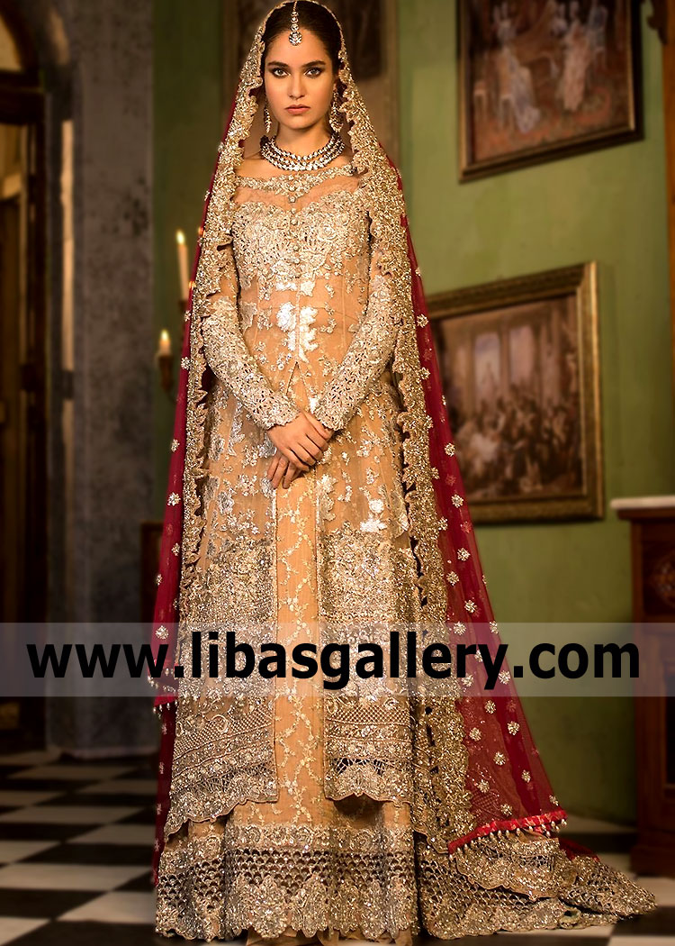 Peach-orange Monarda Bridal Pishwas with Sharara