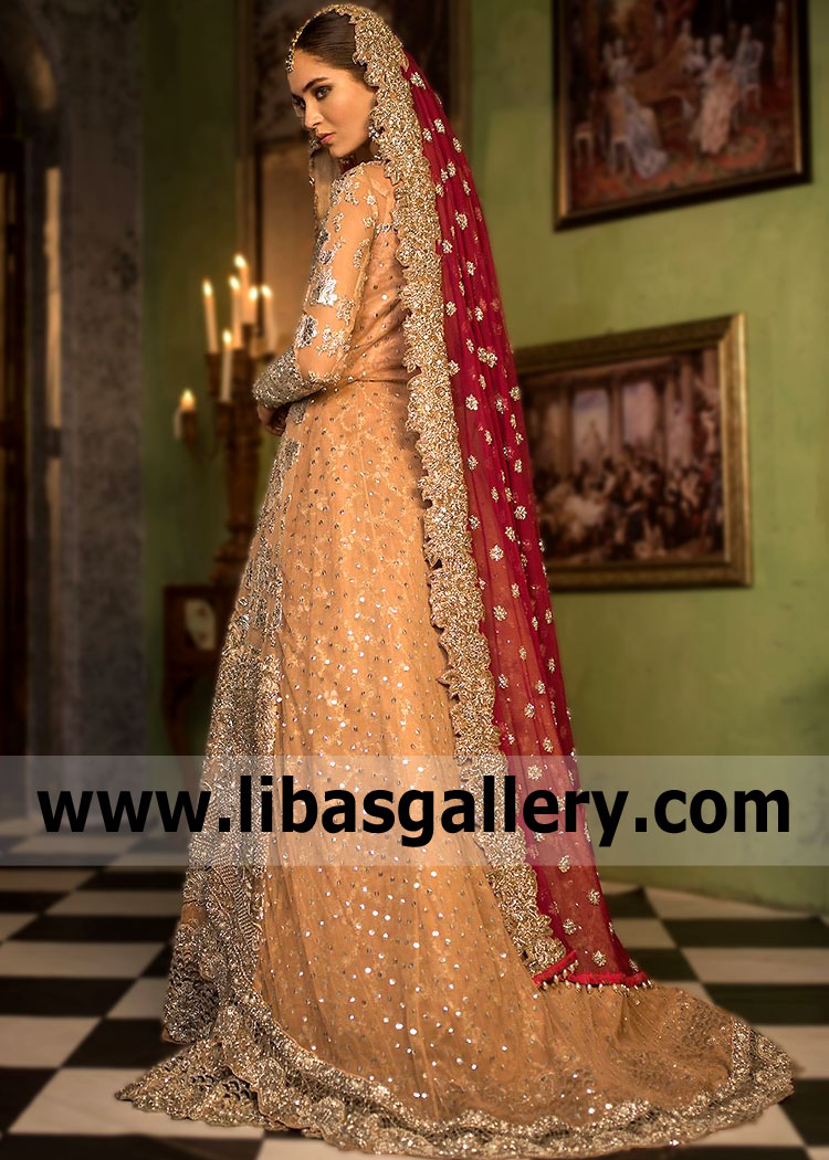 Peach-orange Monarda Bridal Pishwas with Sharara