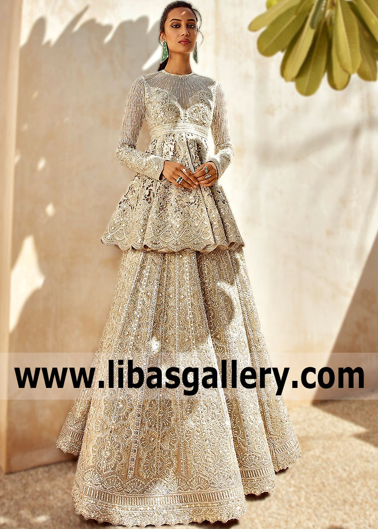 Beige Clover Bridal Lehenga Peplum Dress