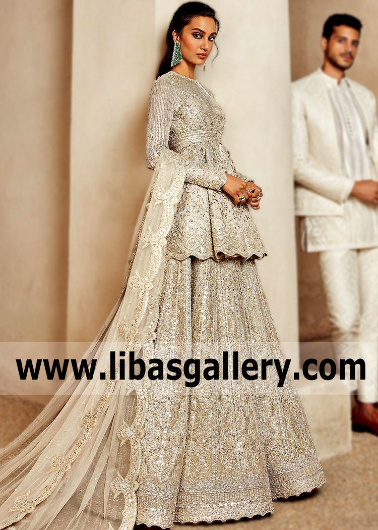 Beige Clover Bridal Lehenga Peplum Dress