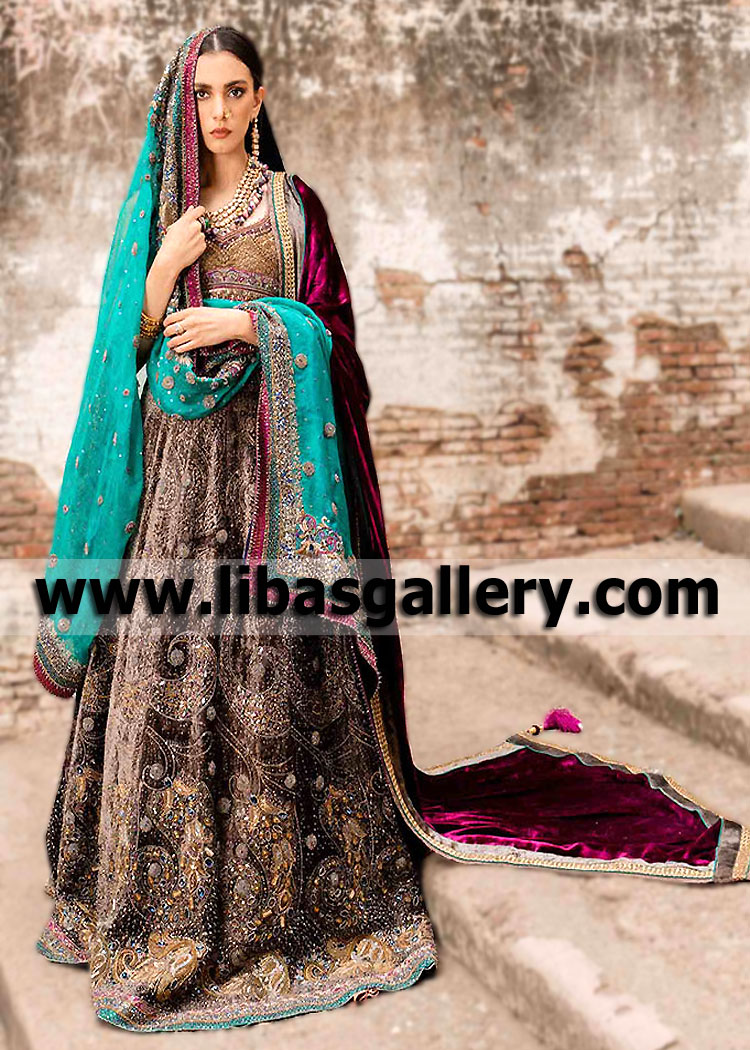 Cold grey and Warm Tiffany Blue Luxurious Bridal Lehenga