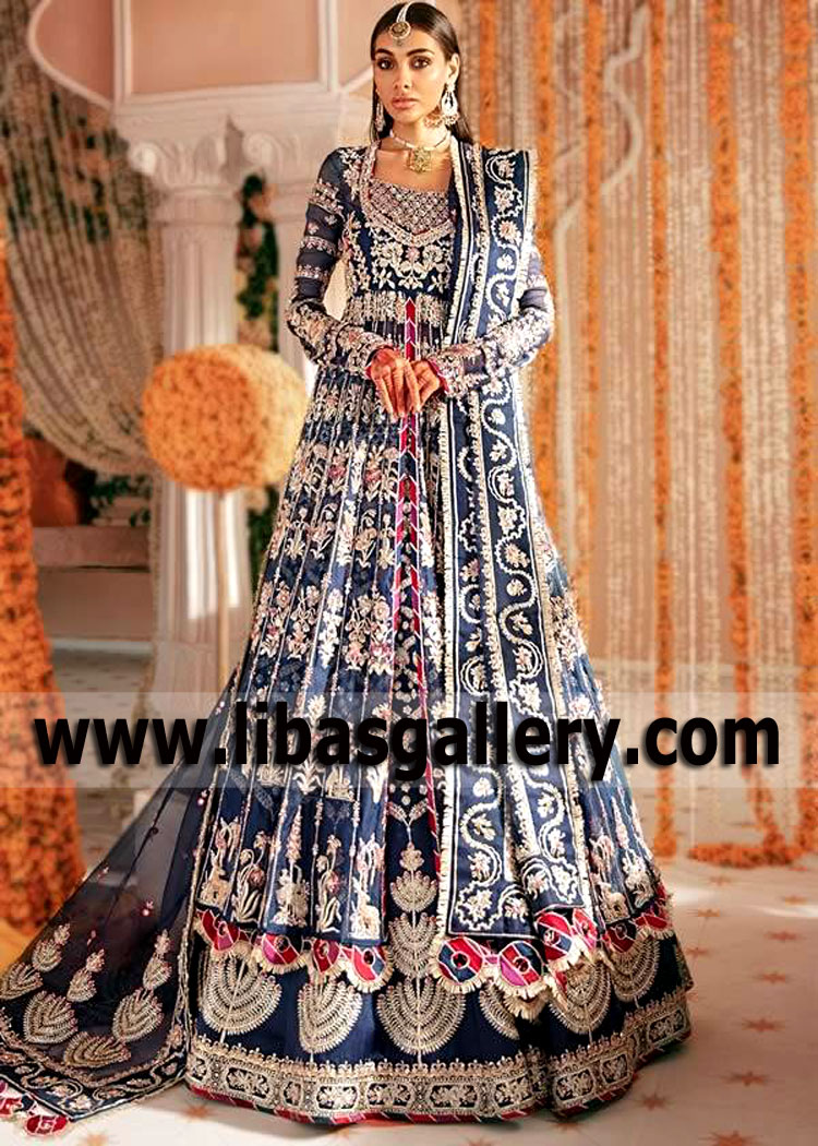 Glorious Oxford Blue Anarkali Bridal Dress with Lehenga and Heavy Dupatta