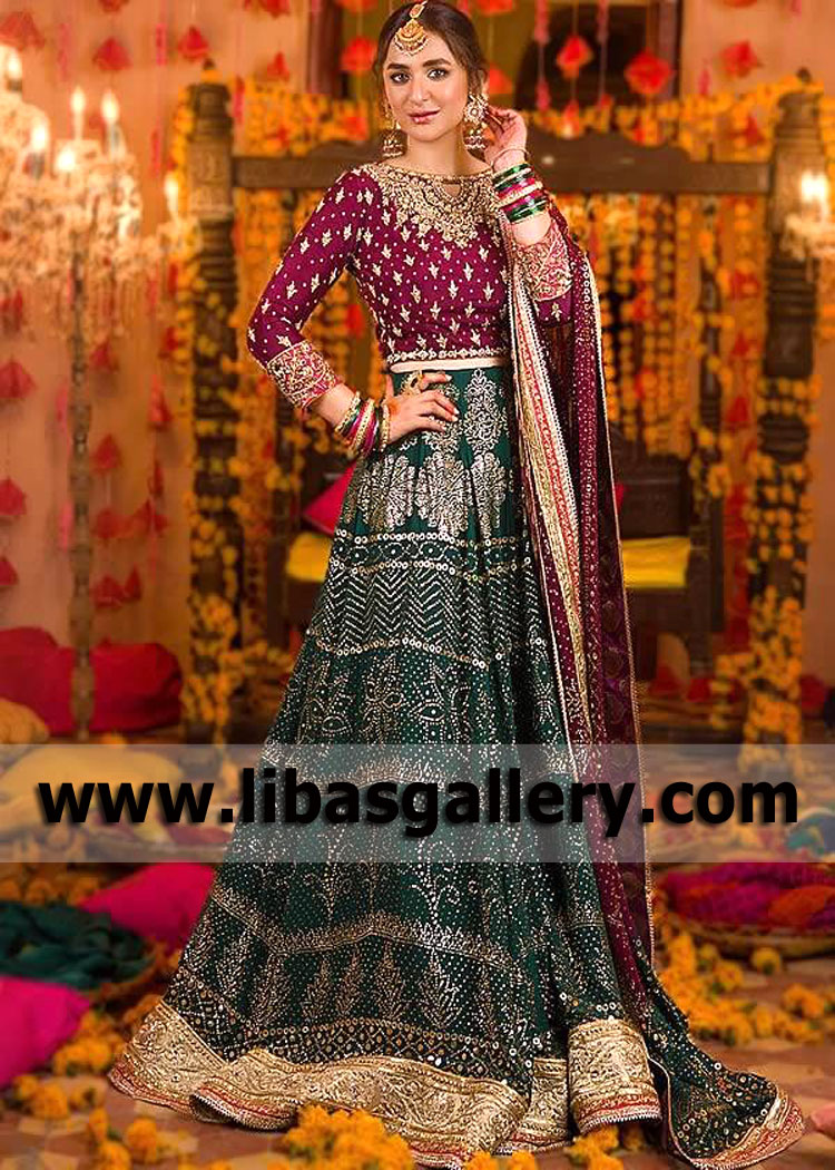 Purple Green Livenza Bridal Mehendi Lehenga