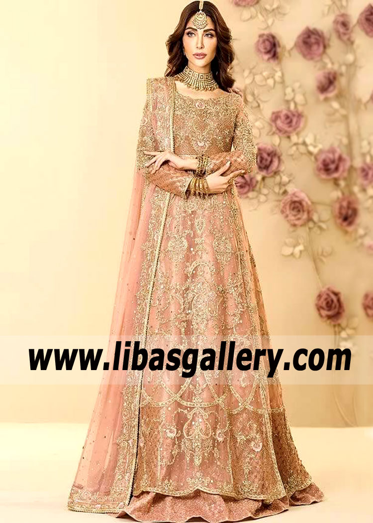 Salmon Acors Bridal Pishwas with Lehenga