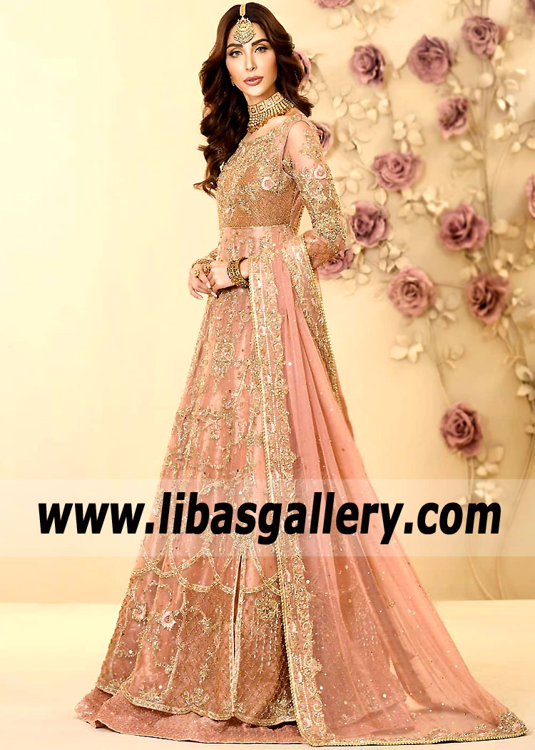 Salmon Acors Bridal Pishwas with Lehenga