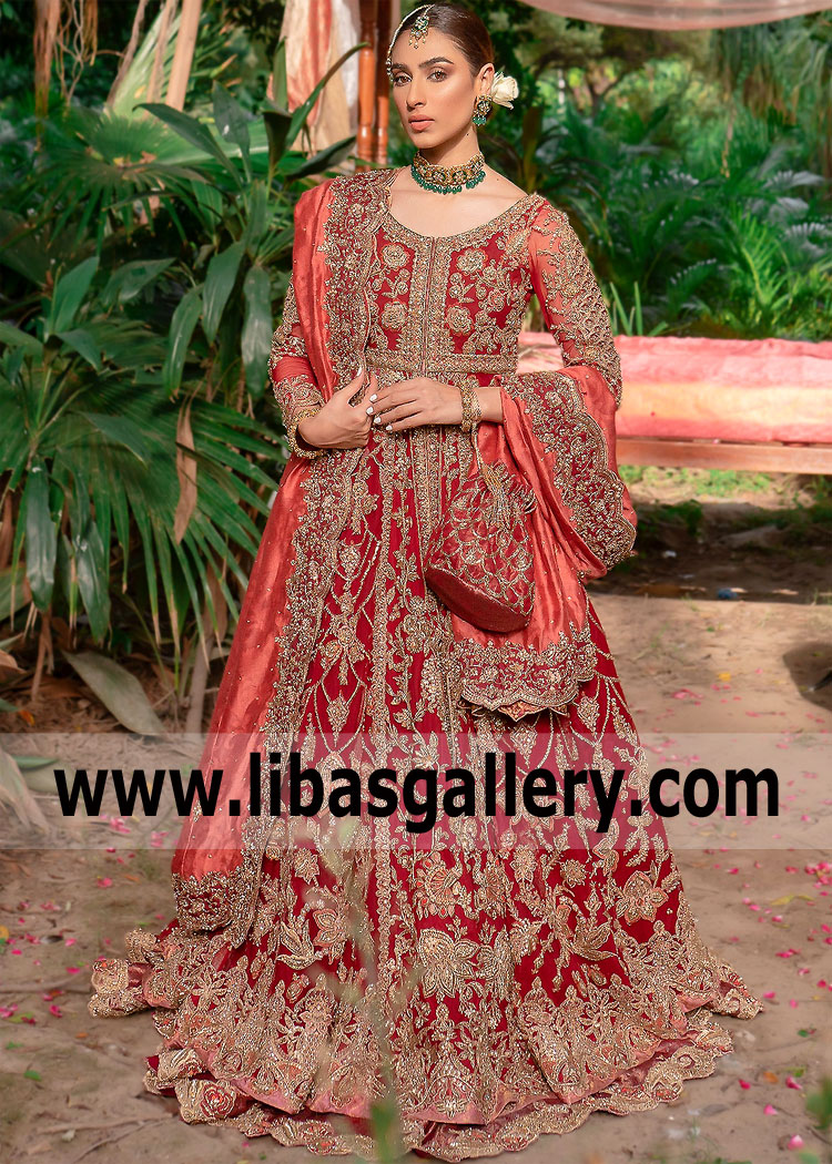 Brick Red Anemone Designer Bridal Lehenga