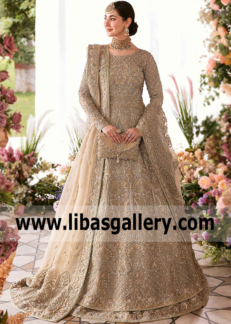 Beige Gold Bridal Pishwas Batavia New York NY USA Pakistani Bridal Pishwas USA