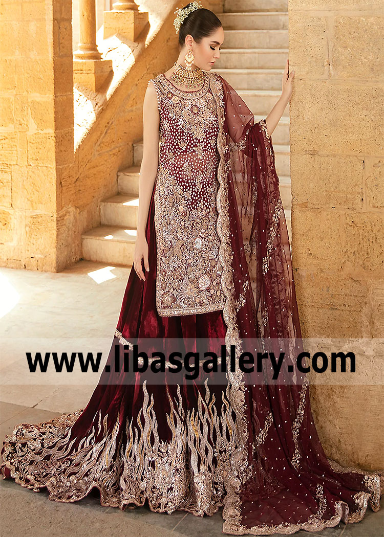 Maroon Campanula Designer Wedding Gharara