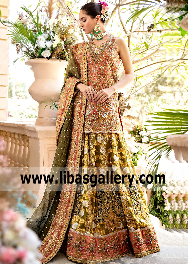 Olive Pastel Red Bergenia Bridal Lehenga
