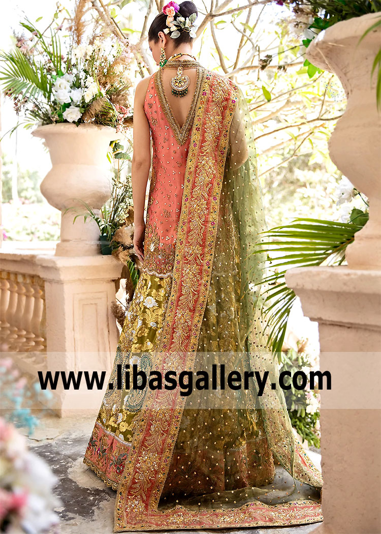 Olive Pastel Red Bergenia Bridal Lehenga