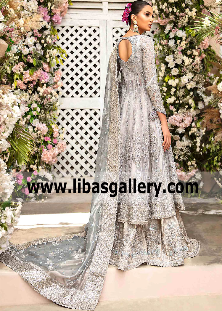 Ice Blue Iris Reception Anarkali Bridal Lehenga