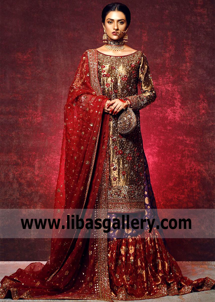 Antique Gold Bloom Red Rajasthani Gharara