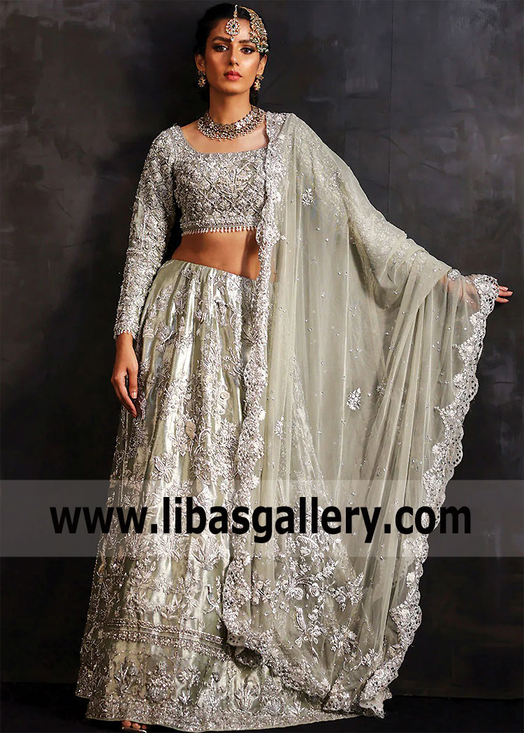 Light Moss Green Lilium Wedding Lehenga