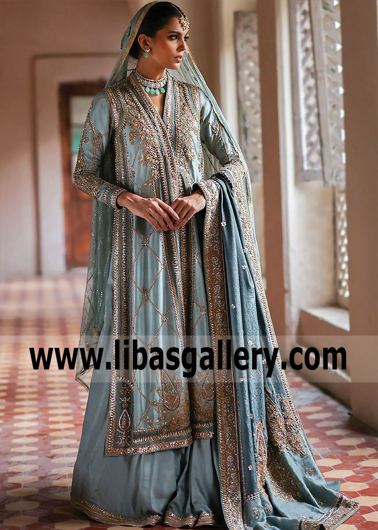 Moonstone Blue Mallow Bridal Angrakha Dress