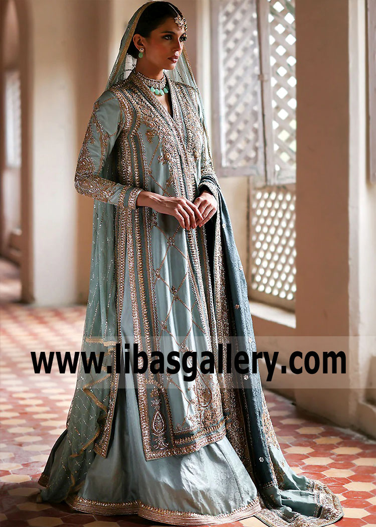 Moonstone Blue Mallow Bridal Angrakha Dress