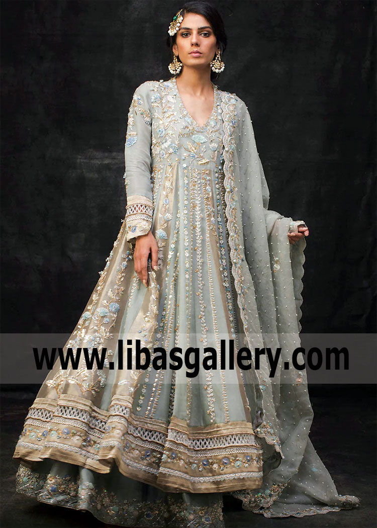 Powder Blue Laurel Wedding Angrakha for Nikah