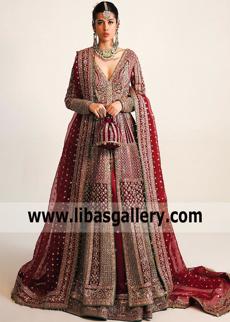 Carmine Bloom Pishwas Lehenga For Modern Stylish Wedding Look