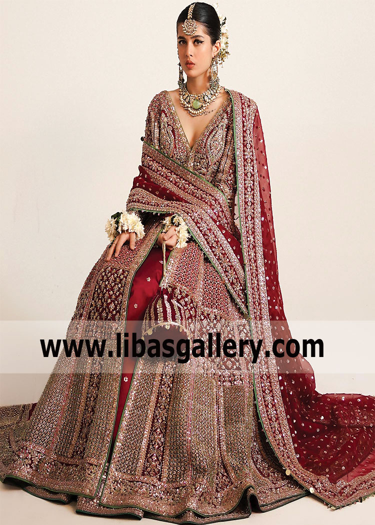 Carmine Bloom Pishwas Lehenga For Modern Stylish Wedding Look