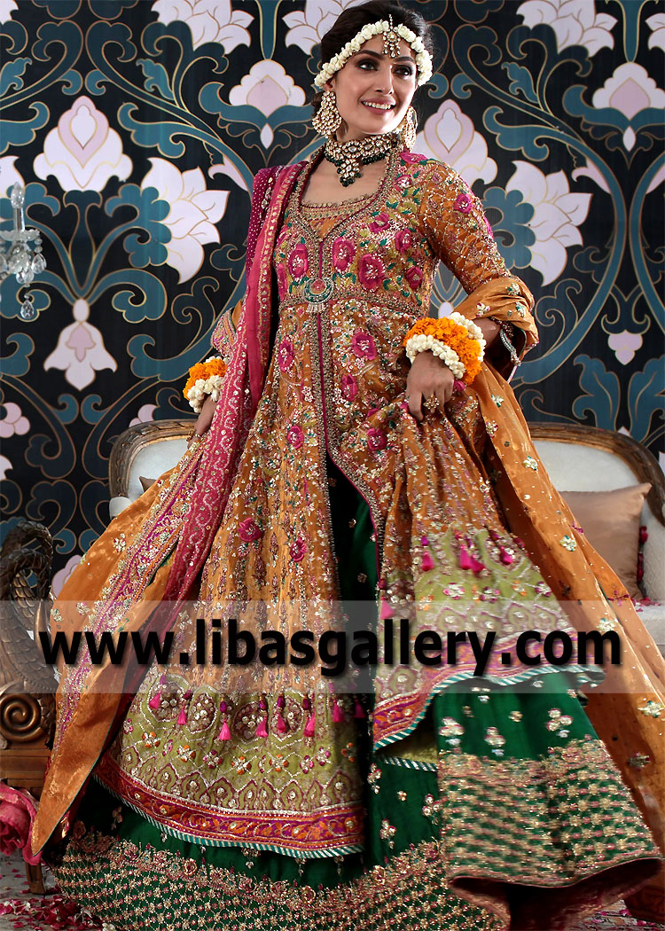 Orange Green Tulipa Bridal Pishwas Suit
