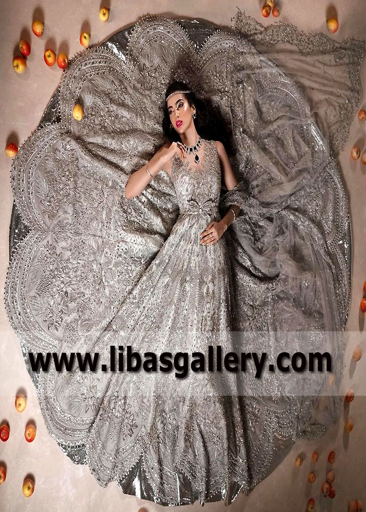 Moonlit Silver Lantana Walima Bridal Pishwas