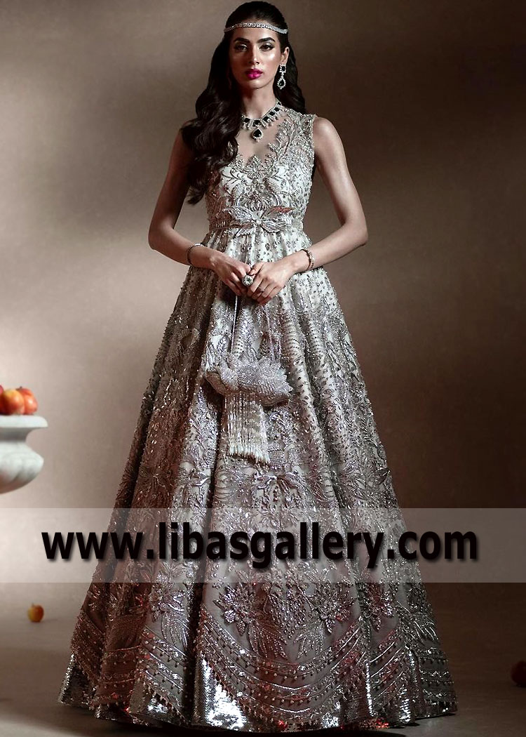 Moonlit Silver Lantana Walima Bridal Pishwas