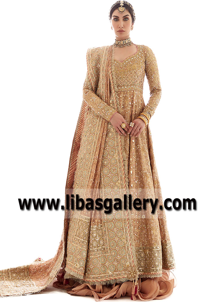 Dark salmon Mercuria kalidaar Anarkali Bridal