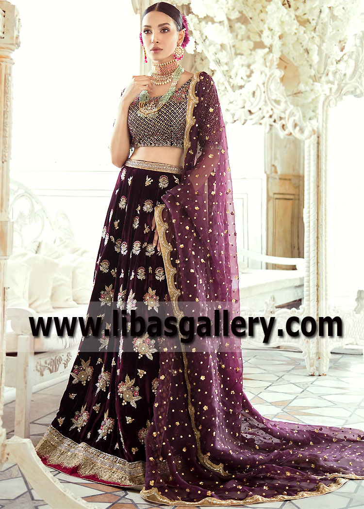 Deep Aubergine Dutch Hyacinths Velvet Lehenga