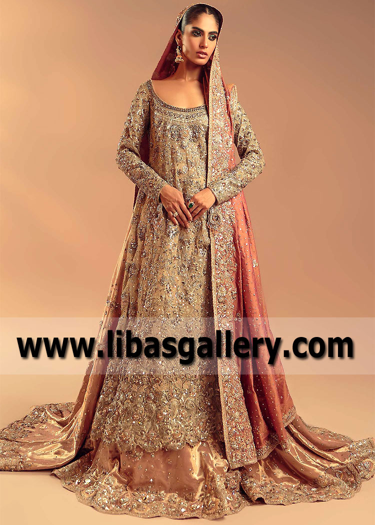 Coral pink Beige Bergenia Bridal Lehenga