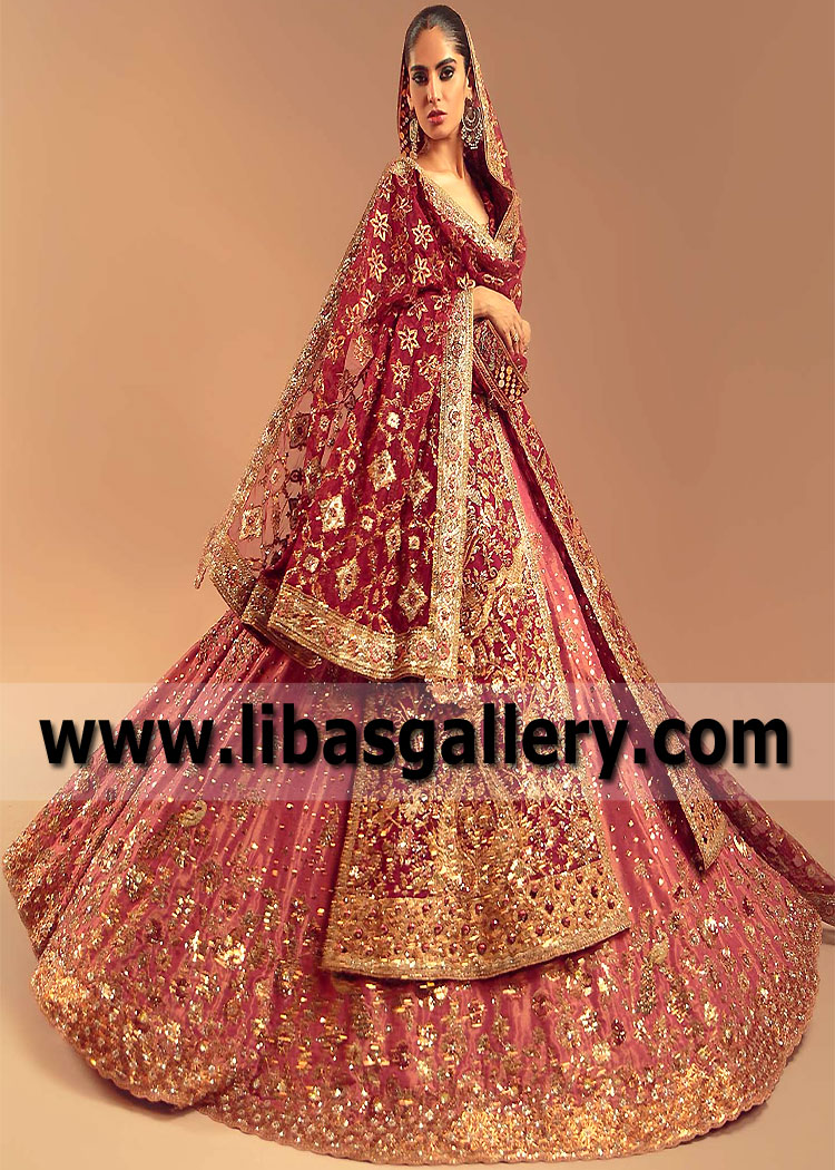 Deep Carmine Tango Pink Laurel Bridal Lehenga