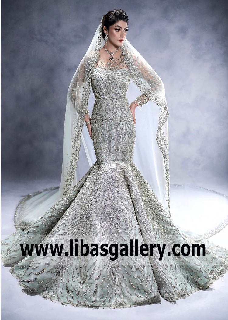 Bright Aqua Ice Nude Laurel Mermaid Gown