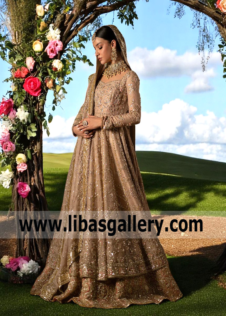 Desert Sand Malus Bridal Pishwas and Lehenga
