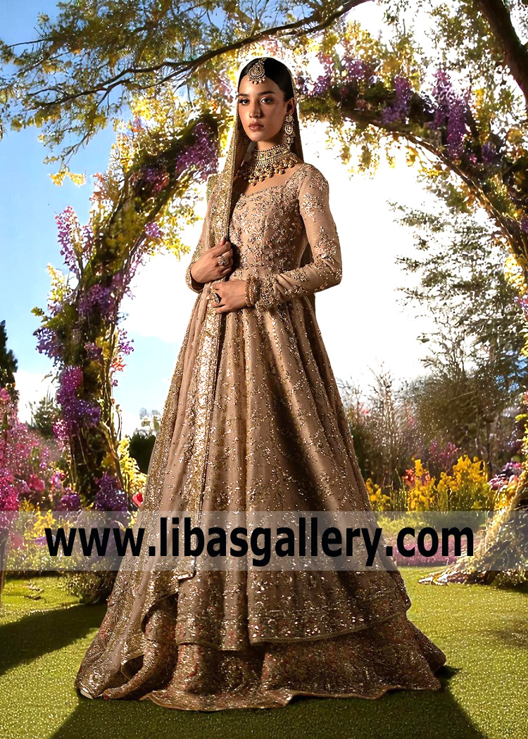 Desert Sand Malus Bridal Pishwas and Lehenga