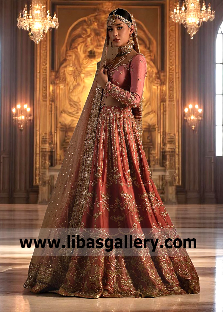Deep Coral Salmon Pink Alcea Lehenga Choli