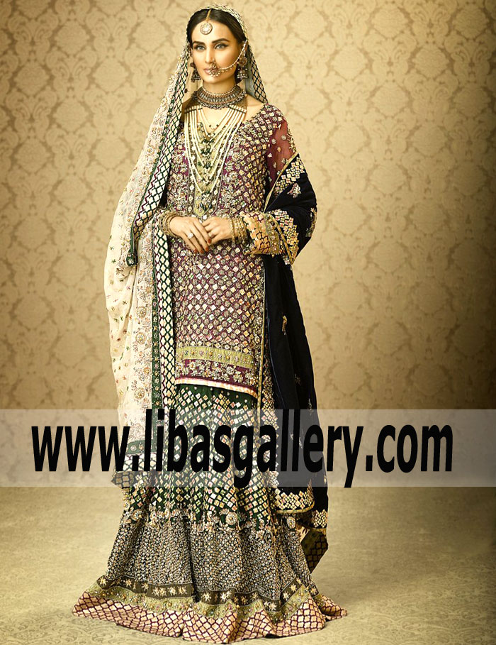 Dazzling Multi Green Aster Designer Wedding Gharara for Brides