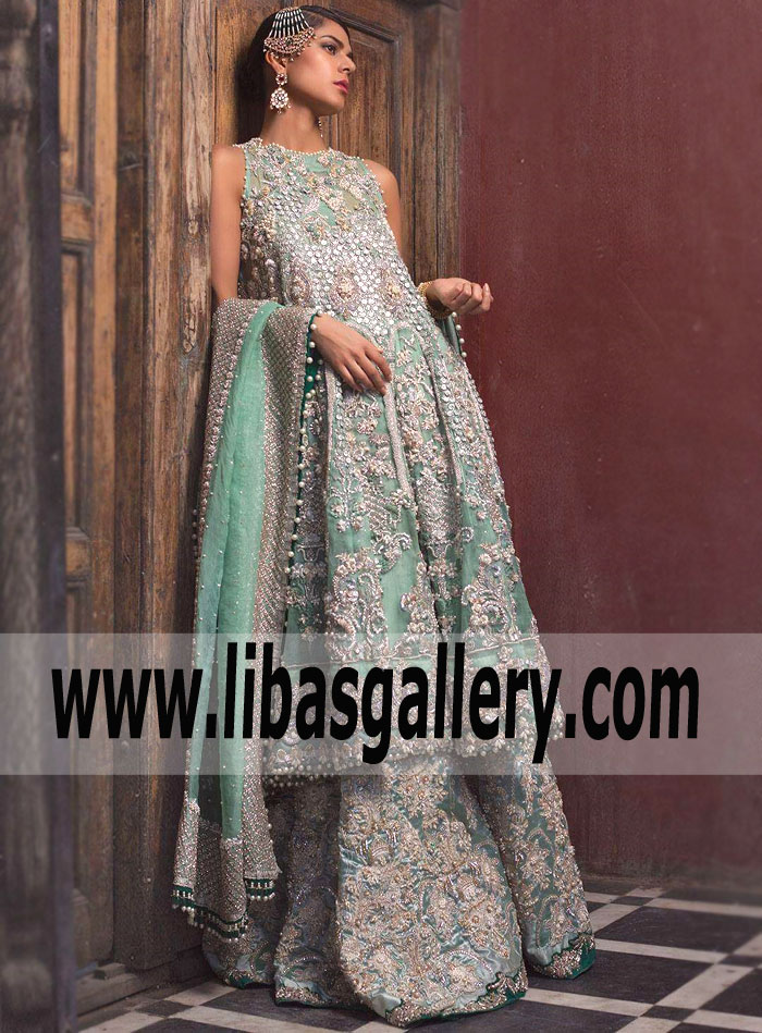 Glamorous Aquamarine Carnation Bridal Anarkali for Bride