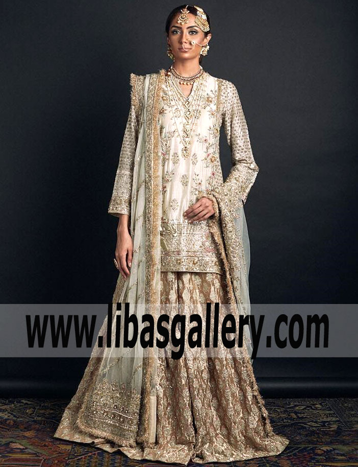 Ideal White Gold Crocus Wedding Gharara for Valima