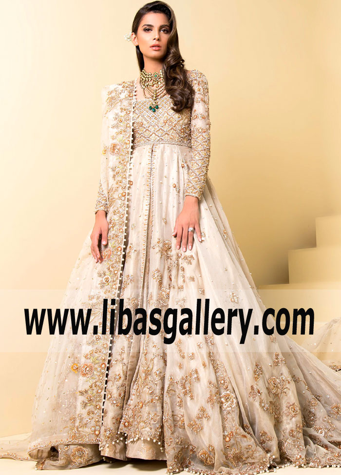 Pakistani Designer Long Gown with high slit by Sadaf Fawad Khan Germany, Norway, Holland, Denmark, Sweden