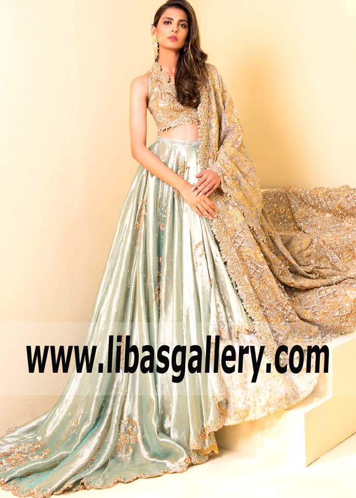 High Fashion Pale Aqua Montana Asymmetric Wedding Lehenga