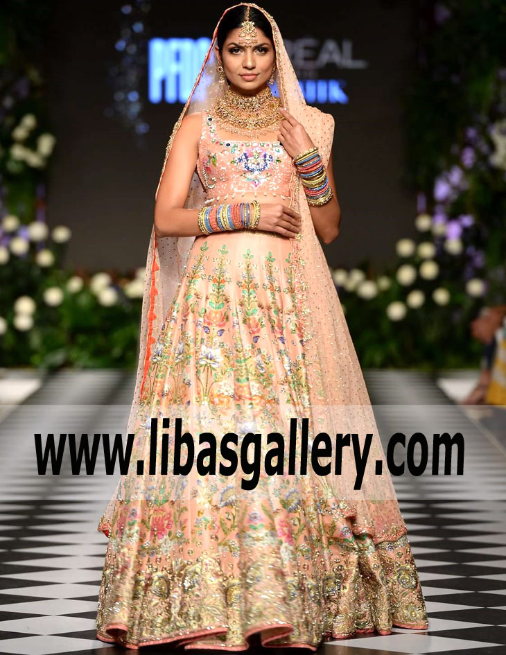 Imposing Peach-orange Charlton Bridal Lehenga