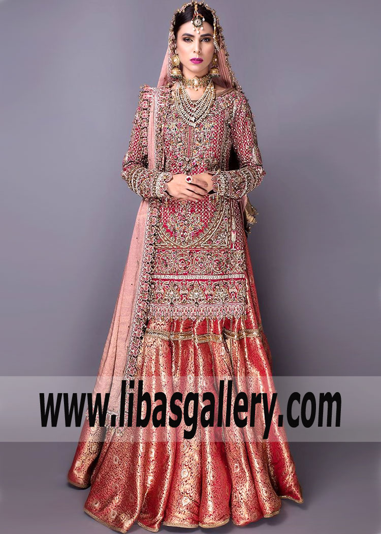 Fahad Hussayn Bridal Dress | Carmine Pink | Banarasi Jamawar Gharara for Wedding | Wedding Gharara Canberra Australia
