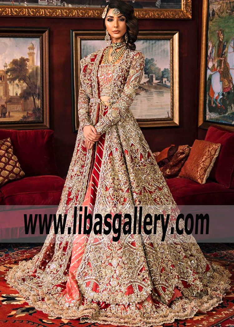 Stunning Maroon Mantle Bridal Gown